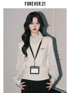 เสื้อเชิ้ตคอโปโลสองชิ้นปลอมสไตล์เกาหลี Forever 21 สำหรับผู้หญิง ฤดูใบไม้ผลิ เสื้อสเวตเตอร์ถักสีเบจ เสื้อกั๊ก เสื้อเชิ้ต
