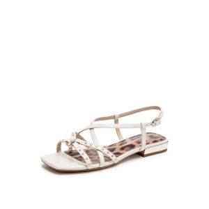 Joy & Peace | Elegant Denim Blue Leopard Print Rivet Thin Strap Flat Roman Sandals