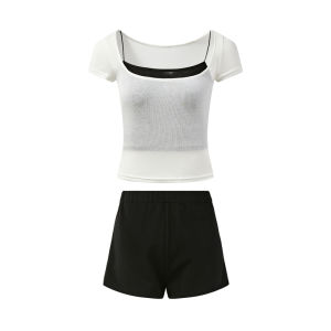 Bộ 3 Món Áo Thun Đan Form Ôm Cổ U Áo Ngực Dài và Quần Short Dài