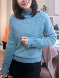 QINGNAER | Plus Size Women Autumn Winter Light Blue Lace Hollow Out Beaded Half High Collar Long Sleeve Sweater