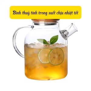 Ấm Trà Trong Nắp Gỗ JY-1.0L Bình đựng nước thủy tinh Ấm trà Ấm pha trà Bình pha trà Thuỷ tinh chịu nhiệt có Lưới lọc lò xo và Nắp gỗ Tramanhshop