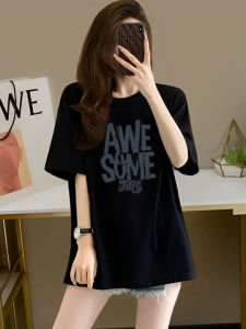 Áo Thun Cotton Tay Ngắn Màu Đen Mùa Hè Cho Nữ Dáng Rộng Vừa Phải Cổ Tròn in Chữ Dài Vừa Phải