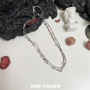 Colorful Beaded Necklace Hip Hop Style Mixed Material Double Layer Fine Chain for Men and Women Trendy Accessory