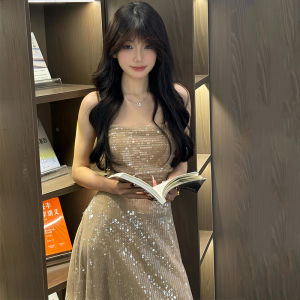 French Luxurious Sequin Strapless Dress Women Summer Design Sensation Birthday Party Gown Long A-Line Skirt High Waist Dress