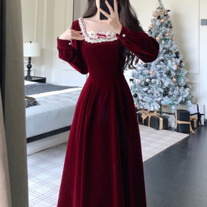 Plus Size French Gold Style New Year Shirt Dress Lace Jacquard Dress Fall and Winter Chubby Girl Slim Looking Christmas Dress