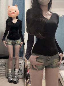 Slim Fit Long Sleeve V-Neck T-Shirt Womens Autumn Bodycon Top Pure Desire Spicy Girl Shoulder Appropriate Base Shirt Top