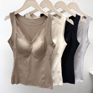 อุ่น ผ้าขนแกะ Lined Thermal เสื้อกั๊ก ผู้หญิง Integrated Cup คอวี ลูกไม้ เซ็กซี่ Base Layer Heating Top ฤดูใบไม้ร่วง ฤดูหนาว Essential Lingerie