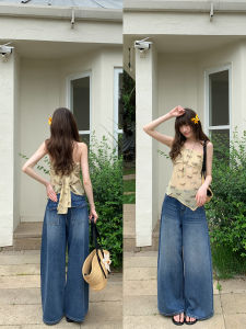 NIHAOKANONG | Quần Jeans Vintage Slim Straight Thắt Dây Cao Đã Rửa Với Túi Xéo