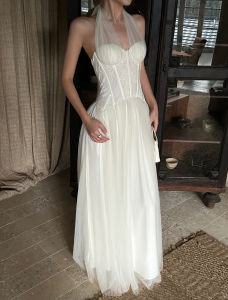 VENUIE | Beaded Mesh Neckline Padded Dress with Built-in Bra White