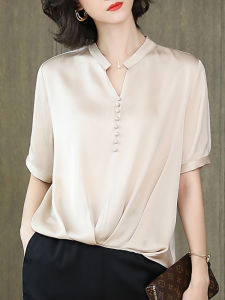 NVSHENJI | Authentic Hangzhou Mulberry Silk Womens Shirt Half Sleeve Short Sleeve Pure Color Top Korean Style Loose Fit Button Detail