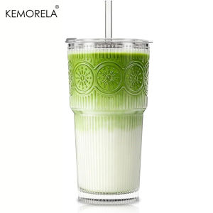 1/2PCS Ribbed &Floral Glass Coffee Cup  with Lids and Straws 590ML for Iced Coffee Smoothies Milk Water Juice and More Drinkware