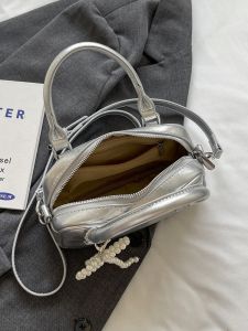 Silver Simple Handheld Crossbody Bag for Women Casual Versatile Fashionable New 2025 Model Youth Zipper Closure PU Leather