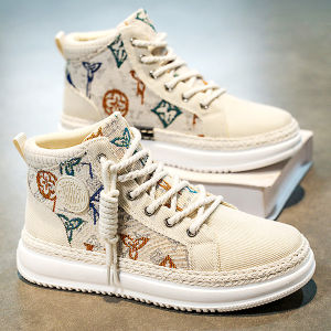 Mens Canvas Shoes Casual Linen Anti-slip Wear-resistant High-top White Sneakers Youth Height-increasing Winter Sensation