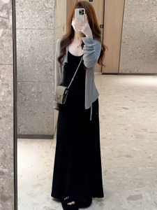 ชุดเดรสยาวสีดำสไตล์ Hepburn ชุดสองชิ้น แขนยาว กระโปรงทรงเอ ผ้าฝ้าย โพลีเอสเตอร์ ยืดหยุ่น สไตล์เกาหลี ฤดูใบไม้ผลิ ฤดูใบไม้ร่วง