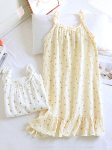 Summer Thin Pure Cotton Bubble Cotton Yarn Sweet Small Floral Round Neck Pullover Lace Mid Length Long Length Home Slip Nightdress