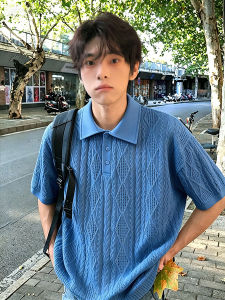 LIUBU | Smog Blue Hollow-out Knit Polo Shirts