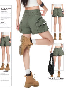 MZVZ | Summer Retro Olive Green Work Shorts Wide Leg High Waist Multiple Pockets