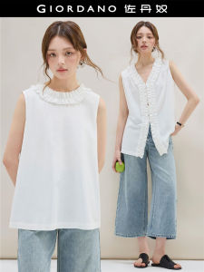 Designer Style Giordano Summer New Loose French Style Lace Trim Sleeveless Womens Shirt V-neck Regular Length Pure Color