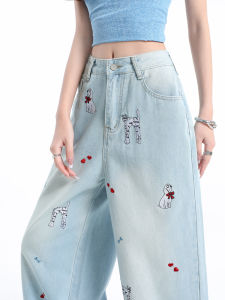 QIAOMIDUO | Summer Lightweight Embroidered Doggies Denim Jeans Womens Small Size European High Waist Wide Leg Printed Embroidery Trousers