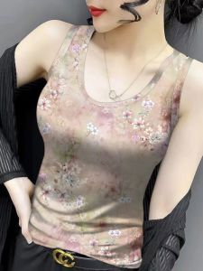 Áo Ba Lỗ Nữ Mùa Hè Mỏng Cổ Chữ U Cao Cấp Áo Ba Lỗ Thường Ngày in Họa Tiết Hoa Polyester Dài Vừa Phải Có Dây Đeo