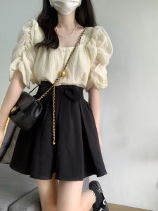 Fashionable Summer Set for Women New Arrival Short Sleeve Button-up Shirt with Ruffles and Bow Half-length Skirt Two-Piece Polyester Fiber Set