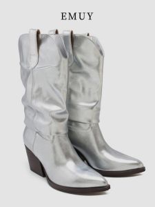 EMUY | Silver Winter Western Boots Chunky Heel High Shaft Boot