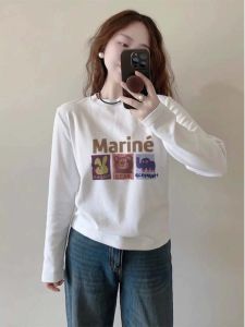 Áo Thun Cotton Dài Tay Thời Trang Nữ Mùa Thu Đông Lót Lông Cừu Cổ Tròn Dáng Rộng Thường Ngày Chất Liệu Cotton Màu Trơn