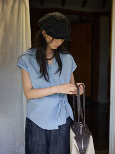 Solighter French Style V-Neck Asymmetric Knot Shirt Women Summer New Design Loose Fit Cotton Blend Retro Commute Fashion