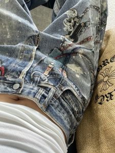 สูง เอว ขากว้าง กางเกงยีนส์ ผู้ชายผู้หญิง หลวม ลำลอง กระเซ็นโซ่พิมพ์ 3 มิติ เดนิม สูงสีน้ําเงิน สตรีทสไตล์ ฤดูใบไม้ร่วง ฤดูกาล