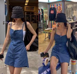 Retro Zipper Back Strap Denim Jumpsuit Womens Slimming Waist Wide Leg Short Pants Trendy Casual Pants Cotton Natural Waist