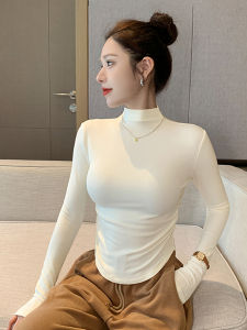 Slim Fit Long Sleeve T-Shirt Womens Early Autumn Half High Collar Base Shirt Inner Wear Pleated Bottom Hem Korean Style Top