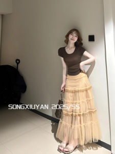 Áo Thun Tay Ngắn Dáng Ôm Màu Nâu Cổ Tròn Mùa Hè Cho Nữ Thiết Kế Dây Đeo Lưng Chất Liệu Thường Ngày Phong Cách Công Sở