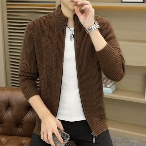 HENGYUANXIANG | Hengyuanxiang Knitted Cardigan Sweater Mens Thickened Autumn Winter Stand Collar Striped Top Fashionable Urban Style Long Sleeve