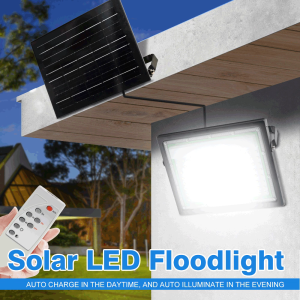 แสงอาทิตย์ LED Solar floodlight 50W/100W SMD2835 เซ็นเซอร์ควบคุมความสว่างสูง IP65 กันน้ำได้ฟังก์ชั่นการจับเวลาที่หรี่แสงน้ำท่วมแสงแสงอาทิตย์ Charing การตรวจจับอัตโนมัติระหว่างกลางวันและกลางคืนไฟกีฬาไฟกลางแจ้งไฟผนังถนนพร้อมรีโมทคอนโทรล
