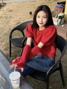 Christmas Red Knitted Sweater Womens Short Top Bubble Sleeve Design Autumn Winter Commute Style Regular Fit Woolen Coat