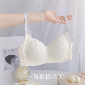 Cute Soft Pure Color Creamy Style Comfortable No Steel Ring Small Chest Gathered Bra Set Student Girls Underwear V-Neck Design