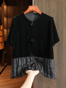 Elegant Black Silk Velvet Shirt Womens Summer Mesh Splicing Fashionable Bead High Fashion French Velvet Three-in-One