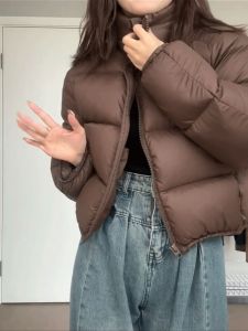 Short Puffer Jacket Womens Small Size Winter New Korean Style Coffee Color Stand Collar 90 White Duck down Bread Coat