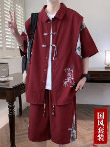 New Chinese Style Mens Shirt Set Summer Thin Casual Tang Costume Two-Piece Set for Teenagers Breathable Loose Fit Polyester Fiber