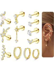 12Pcs Women Ear Bone Stud Earrings Set Flat Bottom Hypoallergenic Stainless Steel Piercing Jewelry for Earlobe Tragus Helix