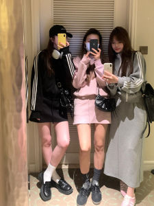 HeyGirl Black Saint Martin Weekend Fashionable Retro Three Bars Hoodie Women Casual Versatile Half Skirt Set Spring 2023