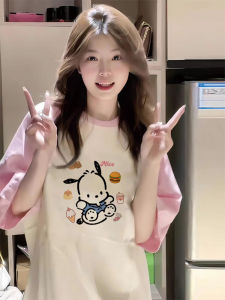 Pink Short Sleeve Cotton T-Shirt Loose Fit Female Teenagers Summer New Style Printed round Neck Regular Length Dopaamine Top