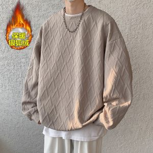 Thickened Fleece Lined Loose Fit round Neck Sweatshirt Mens Casual Winter Style Base Shirt Youth Trend Polyester Spandex