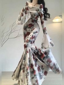 150.00kg Plus Size Loose-Fit French Retro Classy Rose Print Elegant Word Dress Silm Slim Looking Female