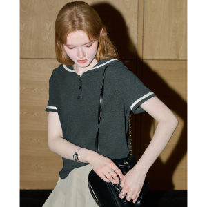 KUHNMARVIN Sweet College Style Short Sleeve T-Shirt Womens Summer New Navy Collar Half Sleeve Top Korean Style Cotton Blend