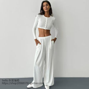 Hollow out Cardigan Top Long Pants Home Clothes Set Simple Style Womens Autumn Thin Long Sleeve round Neck Home Leisure Wear