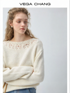 VEGA CHANG | Áo Sweater Lông Cừu Dệt Sợi Ren Một Vai