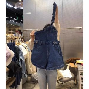 Summer Thin Denim Shoulder Strap Shorts Womens Casual High Waist Slimming Wide Leg Pants Commute Style Pocket Detail