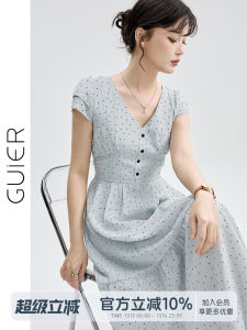 Guier Polka Dot V-neck Dress Womens Summer New Style Retro French Elegant Waist-cinching Slimming Long Dress