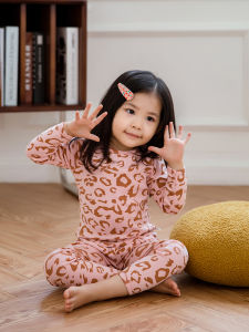 Baby Girls Warm Cotton Polyester Underwear Set Leopard Print Base Layer Shirt Home Clothes Childrens Innerwear Autumn Winter